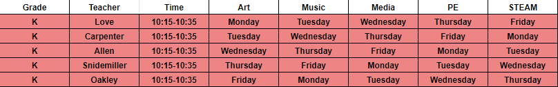Specials schedule K Specials schedule K